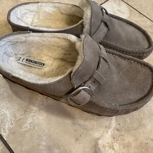 Birkenstock Gray Suede Mules with Cream Lining